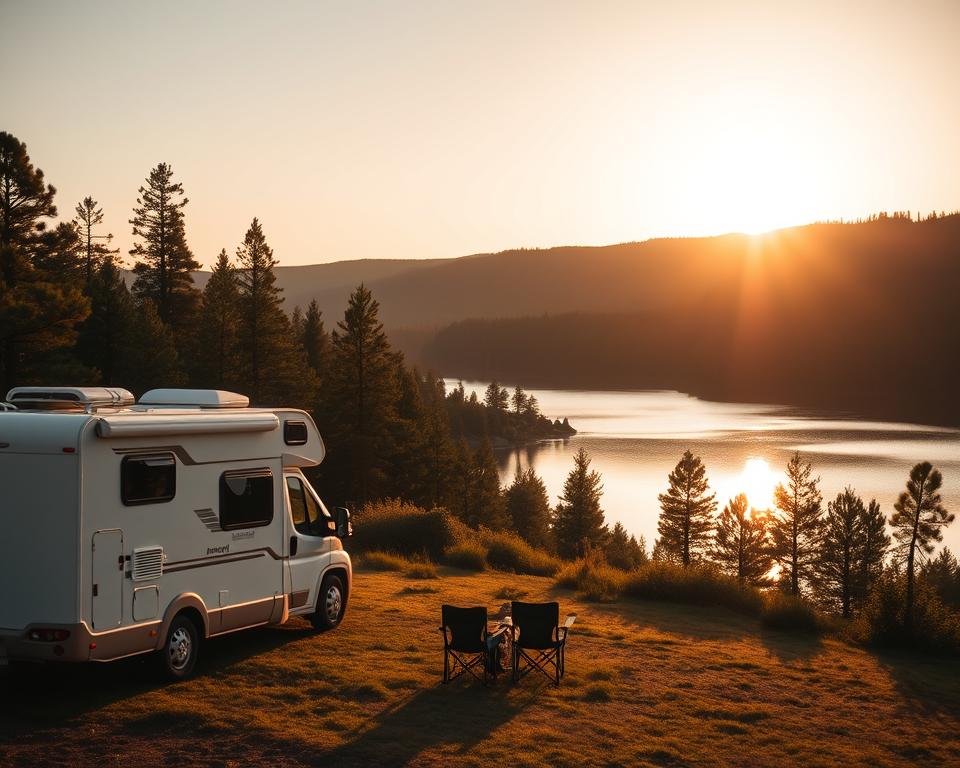 A picturesque view of a camper van parked alongside a tranquil Swedish lake surrounded by lush pine forests. In the foreground, the camper van features a modern design with a bright, inviting exterior, positioned on a grassy area with a few camping chairs set up nearby. The middle ground showcases the serene lake reflecting the soft, golden hues of a setting sun, casting warm light across the scene. In the background, gentle hills rise, adorned with trees and the occasional rocky outcrop. The mood is peaceful and relaxed, capturing the essence of wild camping in nature. The lighting is soft and warm, enhancing the tranquil atmosphere, viewed from a slightly elevated angle to capture the depth of the landscape. A picturesque view of a camper van parked alongside a tranquil Swedish lake surrounded by lush pine forests. In the foreground, the camper van features a modern design with a bright, inviting exterior, positioned on a grassy area with a few camping chairs set up nearby. The middle ground showcases the serene lake reflecting the soft, golden hues of a setting sun, casting warm light across the scene. In the background, gentle hills rise, adorned with trees and the occasional rocky outcrop. The mood is peaceful and relaxed, capturing the essence of wild camping in nature. The lighting is soft and warm, enhancing the tranquil atmosphere, viewed from a slightly elevated angle to capture the depth of the landscape.