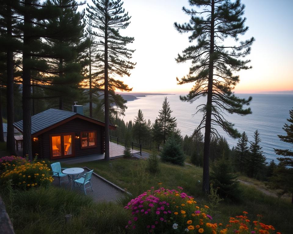 A picturesque view of accommodations in Höga Kusten, Sweden, featuring a cozy wooden cabin nestled among lush pine trees on a slight hill. In the foreground, include a charming outdoor seating area with small tables and chairs, inviting visitors to enjoy the serene nature. The middle ground should showcase the cabin with its warm, inviting lights glowing softly through the windows, surrounded by vibrant wildflowers. In the background, depict the stunning coastline of Höga Kusten, with the deep blue water of the Gulf of Bothnia under a gentle sunset sky, casting a golden hue across the landscape. Use soft, warm lighting for a peaceful atmosphere, and a slight wide-angle perspective to capture the beauty and tranquility of this holiday paradise.