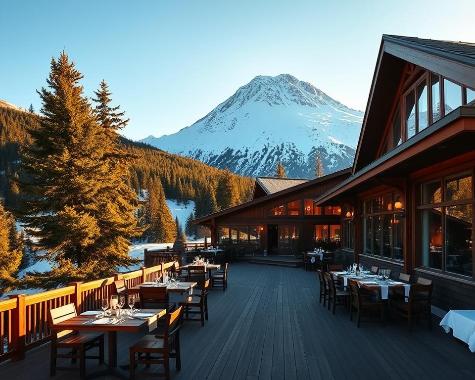 A picturesque view of the Kebnekaise Fjällstation Restaurant, nestled among snow-capped mountains and lush pine forests. In the foreground, a rustic wooden deck with outdoor tables set for dining, featuring traditional Swedish tableware. The middle ground showcases the restaurant's distinctive architecture, with large windows reflecting the stunning natural landscape, allowing warm, inviting light to spill out. In the background, the towering Kebnekaise mountain peak rises dramatically against a clear blue sky, casting long shadows across the terrain. The atmosphere is cozy and welcoming, reflecting an inviting culinary experience amid breathtaking nature. The image captures soft, golden hour lighting to enhance the warmth of the scene, evoking a sense of tranquility and adventure.