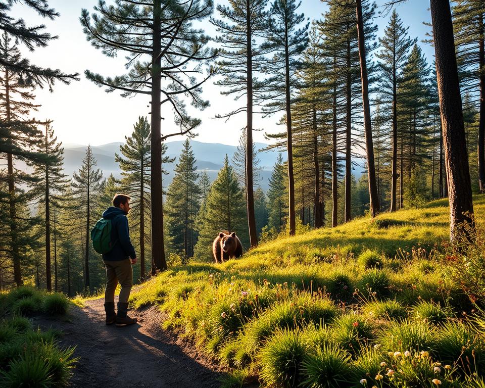 A scenic Swedish forest during the early morning light, showcasing a tense moment between a curious bear and a cautious hiker. In the foreground, the hiker, dressed in casual outdoor clothing, stands on a narrow dirt path, gazing at the bear, who is partially hidden among the trees. The middle ground features lush greenery, tall pine trees, and a mix of wildflowers, while sunlight filters through the branches, casting dappled shadows on the ground. In the background, distant mountains roll under a soft blue sky. The mood is tense yet serene, capturing the delicate balance of nature and survival in the wild. Use a wide-angle lens to emphasize the vastness of the forest and create depth in the composition with a warm color palette. A scenic Swedish forest during the early morning light, showcasing a tense moment between a curious bear and a cautious hiker. In the foreground, the hiker, dressed in casual outdoor clothing, stands on a narrow dirt path, gazing at the bear, who is partially hidden among the trees. The middle ground features lush greenery, tall pine trees, and a mix of wildflowers, while sunlight filters through the branches, casting dappled shadows on the ground. In the background, distant mountains roll under a soft blue sky. The mood is tense yet serene, capturing the delicate balance of nature and survival in the wild. Use a wide-angle lens to emphasize the vastness of the forest and create depth in the composition with a warm color palette.