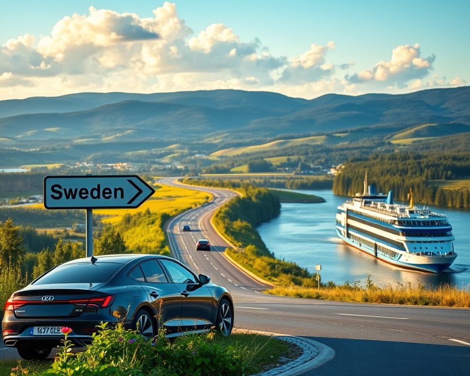 A scenic landscape depicting various travel options to Sweden by car. In the foreground, a sleek, modern car is parked near a road sign pointing toward Sweden, surrounded by lush greenery and wildflowers. In the middle ground, a winding highway stretches into the distance, with other vehicles cruising along. To the right, a ferry can be seen in the water, symbolizing travel from nearby ports. In the background, breathtaking Swedish countryside features rolling hills, dense forests, and a clear blue sky with soft, fluffy clouds. The lighting is warm and inviting, suggesting a sunny day, with golden hour hues casting a gentle glow. The atmosphere is peaceful and adventurous, reflecting the excitement of a road trip to Sweden.