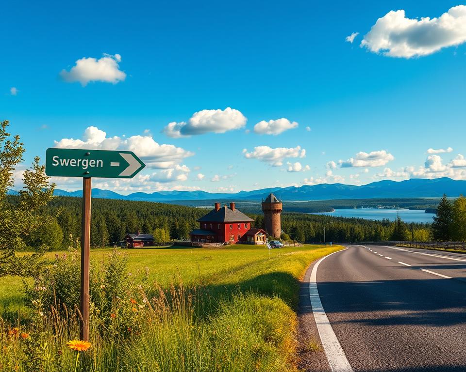 A scenic landscape showcasing the iconic landmarks of Sweden along a picturesque highway. In the foreground, a vibrant green roadside adorned with wildflowers and a well-maintained sign indicating the direction to famous sights. The middle ground features a traditional Swedish red wooden house and a glimpse of a majestic castle against a backdrop of lush forests and serene lakes. In the background, distant mountains rise under a clear blue sky with fluffy white clouds. The lighting is warm and inviting, suggesting a sunny afternoon, with soft shadows enhancing the tranquility of the scene. A wide-angle view captures the expansive beauty of the landscape, evoking a sense of adventure and exploration while traveling through Sweden.