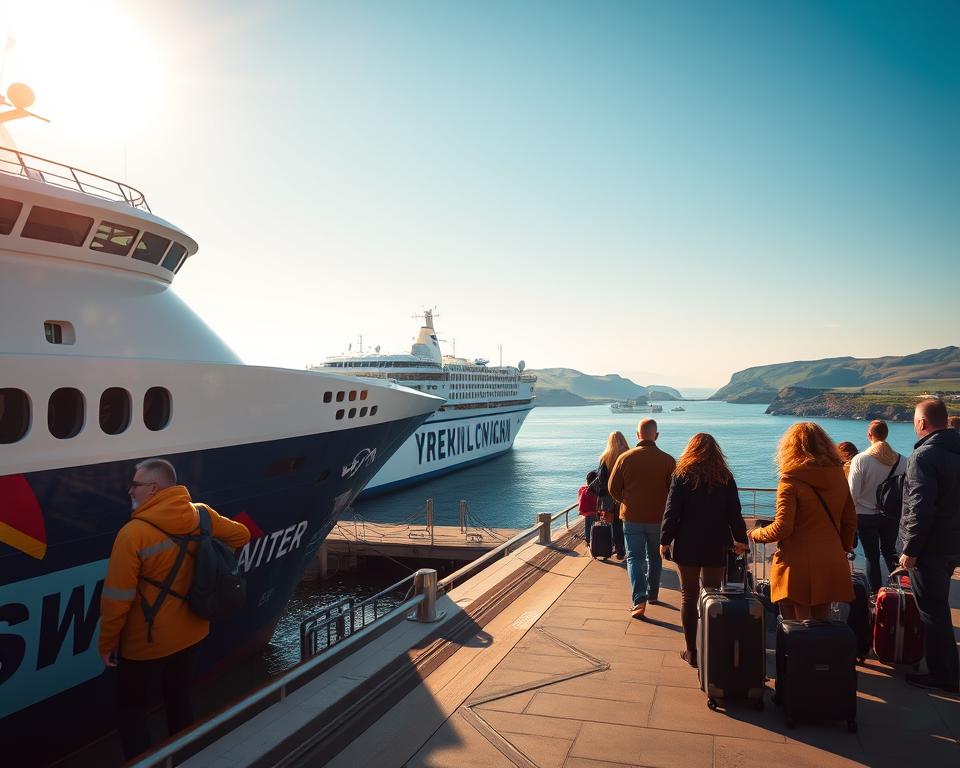 A scenic overview of a ferry terminal with multiple ferries docked, ready for departure to Sweden. In the foreground, a sleek modern ferry with colorful branding reflects the sunlight as it prepares to board passengers. The middle ground features travelers, including families and individuals, with luggage, all dressed in smart casual clothing, boarding the ferry. The background includes a stunning seaside view of the Swedish coastline, with rolling hills and lush greenery under a clear blue sky. Soft, natural lighting enhances the vibrant colors of the scene, creating a welcoming atmosphere. The perspective is from a low angle to emphasize the grandeur of the ferries and the excitement of the travelers, evoking a sense of adventure and anticipation for the journey ahead.