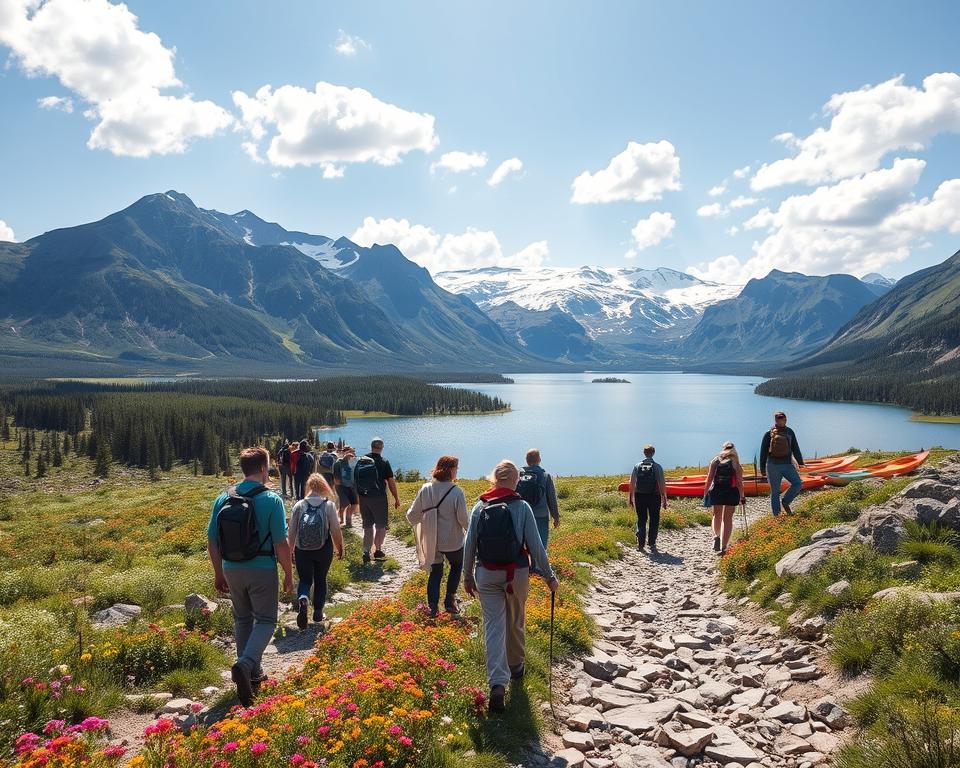 A scenic summer landscape in Swedish Lapland highlighting breathtaking hiking trails. In the foreground, a diverse group of hikers in modest casual clothing navigate a rocky path lined with vibrant wildflowers. In the middle ground, pristine lakes reflect the surrounding mountains, with kayaks ready by the shore. It's a sunny day, with soft sunlight illuminating the lush greenery and the shimmering water. The background features majestic, snow-capped peaks under a clear blue sky dotted with fluffy white clouds. The scene conveys a sense of adventure, tranquility, and the beauty of nature, evoking the spirit of summer activities in the great outdoors. The image should be captured from a slightly elevated angle to showcase the expansive landscape and the hikers' journey.