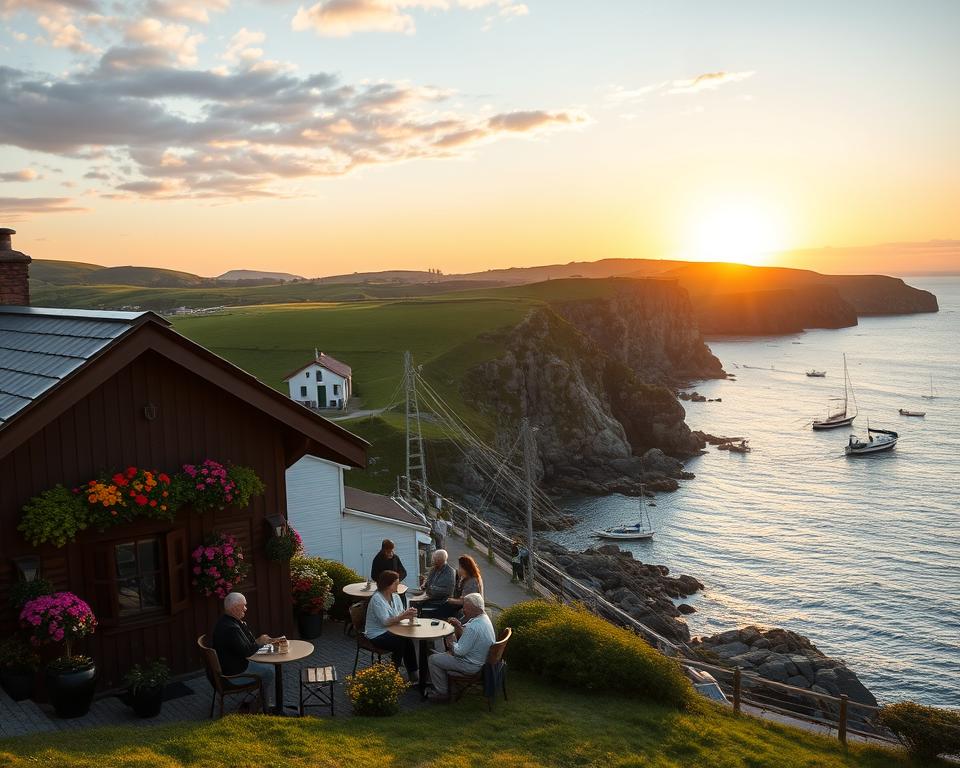 A scenic view of Höga Kusten in Sweden, showcasing its cultural highlights. In the foreground, a traditional Swedish wooden house adorned with vibrant flowers and a small café with people enjoying coffee in modest casual clothing. The middle ground features lush green hills and rocky cliffs leading to the coastline, where fishermen in small boats are seen. The background displays a beautiful sunset casting a warm golden light over the landscape, reflecting on the calm waters of the Baltic Sea. The scene conveys a sense of tranquility and cultural richness, capturing the spirit of the region. Use a wide-angle lens to emphasize the expansive beauty, with soft, diffused lighting to create a warm and inviting atmosphere.