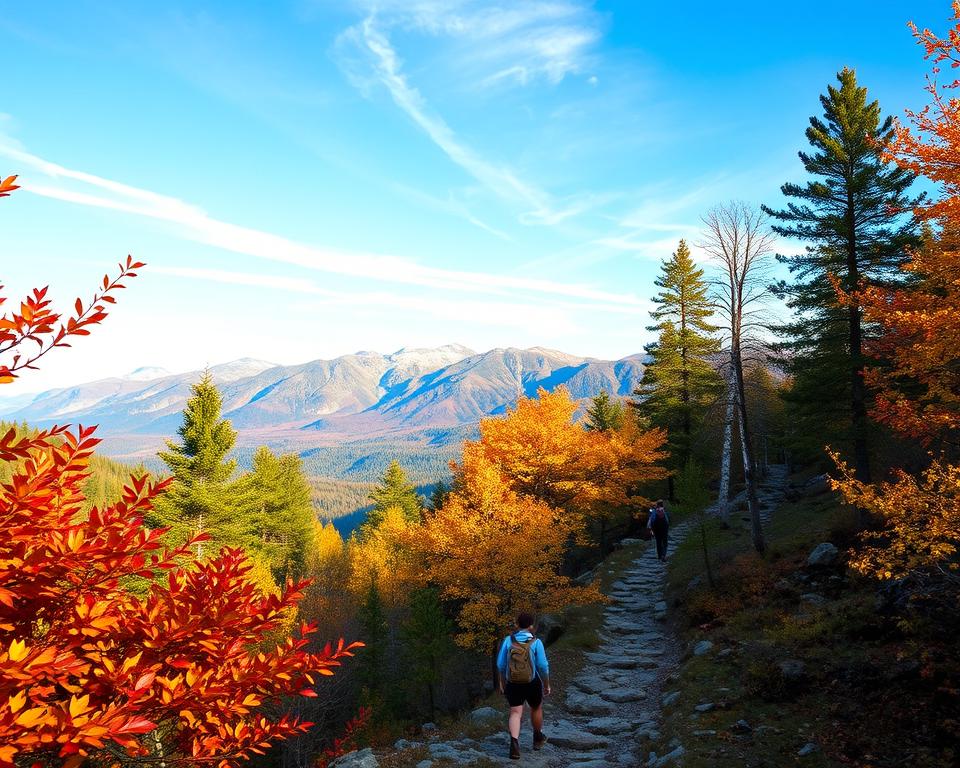 A scenic view of Skuleskogen National Park during the best travel season, showcasing vibrant autumn foliage in the foreground, with rich shades of orange, red, and yellow leaves. The middle ground features rugged hiking trails meandering through a mix of pine and birch trees, with hikers in modest casual clothing enjoying the landscape. In the background, majestic mountains rise under a clear blue sky, dotted with wispy clouds. Soft golden light filters through the trees, casting gentle shadows on the trail, creating a warm, inviting atmosphere. The camera angle is slightly elevated, capturing the beauty of the park while emphasizing the grandeur of nature, conveying a sense of adventure and exploration.