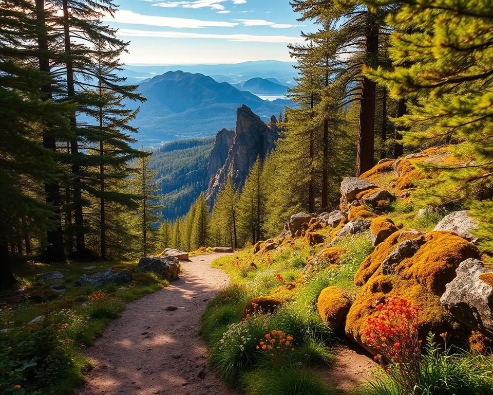 A scenic view of Skuleskogen National Park, showcasing a winding hiking trail that leads through a lush forest filled with rich green trees and moss-covered rocks. In the foreground, a well-trodden path invites adventurers, lined with vibrant wildflowers. The middle ground features a breathtaking vista of rocky cliffs rising majestically, while the background displays a stunning panorama of distant mountains under a clear blue sky. The lighting should be warm and inviting, as if capturing the golden hour, with soft rays filtering through the leaves. The atmosphere conveys a sense of tranquility and adventure, perfect for planning a day trip or multi-day excursion.