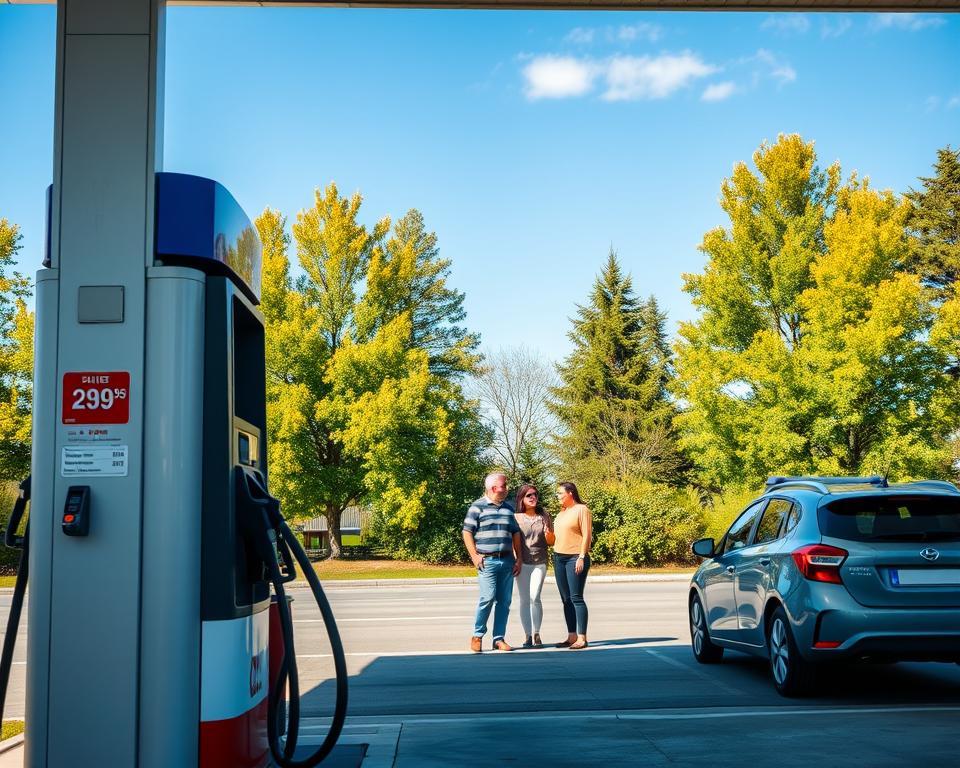 A scenic view of a Swedish gas station during a sunny day, showcasing a fuel pump in the foreground with vibrant green trees and a clear blue sky in the background. Include a clean, modern gas station design with the price display visible on the pump. In the middle ground, depict a family in modest casual clothing, discussing their fuel choices as they prepare for a road trip, surrounded by a few picturesque vehicles parked nearby. Capture soft, natural lighting that highlights the cheerful atmosphere. The angle should be slightly elevated, providing a comprehensive view of the gas station and the serene Swedish landscape, evoking a sense of adventure and preparation for travel.