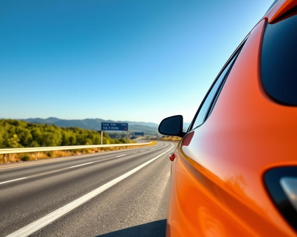 A scenic view of a Swedish highway with a rental car prominently parked on the side. In the foreground, a modern, stylish Mietwagen (rental car) in a bright color, reflecting sunlight, with a glossy finish. In the middle ground, a road sign indicating toll information, surrounded by lush greenery and typical Swedish landscape. The background features distant hills and a clear blue sky, suggesting a warm, sunny day. Soft natural lighting creates an inviting atmosphere, enhancing the vibrancy of the colors. The angle is slightly tilted, giving a dynamic perspective of the car and the surroundings, focusing on adventure and travel.