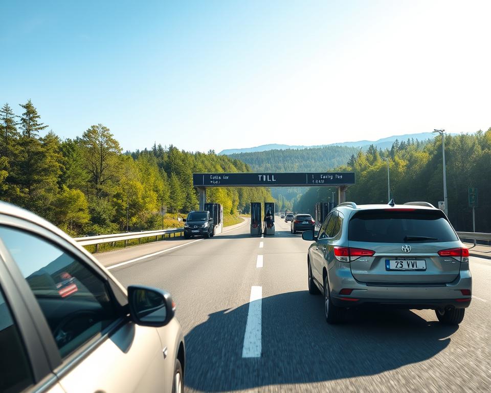 A scenic view of a Swedish toll booth along a picturesque highway, showcasing a well-maintained road surrounded by lush green forests and distant mountains. The foreground features a modern vehicle approaching the toll booth, where a friendly attendant is interacting with the driver. The middle ground includes the toll structures, with clear road signs indicating toll fees. In the background, soft sunlight filters through the trees, creating dappled light on the asphalt while a blue sky enhances the atmosphere of travel and exploration. The scene should evoke a sense of adventure and efficiency, illustrating the essential aspects of driving in Sweden. Capture the image at eye level with a wide-angle lens to highlight the road's expanse and the lush landscape.