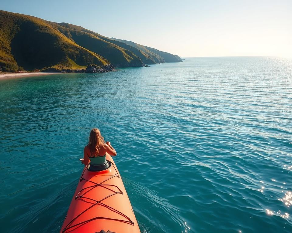 A scenic view of a pristine coastline by the Weißes Meer, focusing on a kayaker navigating through calm, turquoise waters. In the foreground, a single kayak glides smoothly, with a person dressed in a modest athletic outfit engaged in paddling. In the middle ground, lush green hills envelop the shoreline, scattered with vibrant wildflowers. The background showcases a serene horizon where the sea meets a clear blue sky, with gentle waves reflecting sunlight. The warm, golden hour lighting casts a soft glow across the landscape, enhancing the tranquil atmosphere. The image should capture the essence of outdoor activities, suggesting a peaceful yet adventurous mood, suitable for kayaking and exploration along the coast.