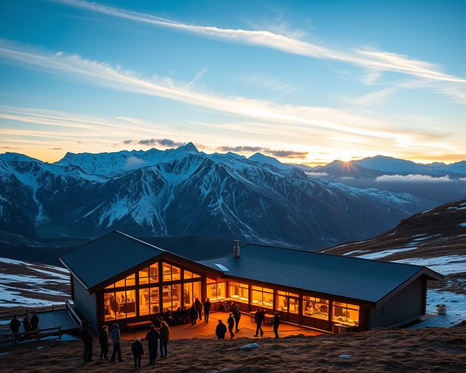 A scenic view of the Kebnekaise Fjällstation, nestled in the breathtaking Swedish mountains. In the foreground, showcase a cozy, wooden lodge with large windows, inviting and warmly lit from within, suggesting a comfortable atmosphere. Scattered around are small groups of travelers dressed in modest outdoor apparel, enjoying the serene landscape. The middle ground features rugged, snow-capped mountains under a clear blue sky, adding grandeur to the scene. In the background, wisps of clouds drift lazily, enhancing the tranquility. Capture the warm glow of the setting sun, casting long shadows and illuminating the lodge in soft golden light, creating a peaceful, welcoming mood. Use a wide-angle lens to emphasize the expansive beauty of the location.
