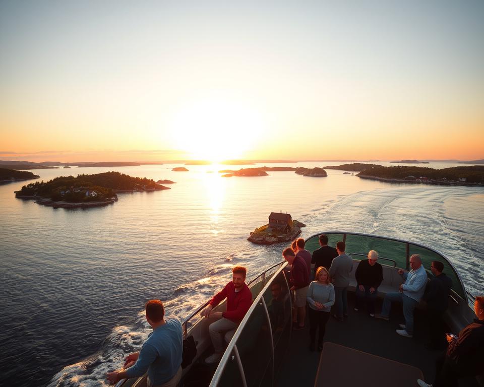 A scenic view of the Swedish archipelago coastline at dusk, showcasing a serene journey from Germany. In the foreground, a modern ferry gliding over calm waters, passengers enjoying the views, dressed in casual yet stylish clothing. The middle ground features picturesque islands dotted with charming, traditional wooden houses, surrounded by lush greenery and rocky outcrops. In the background, the sun sets on the horizon, casting warm golden and soft pink hues across the sky, reflecting on the water. The lighting should be soft and inviting, creating a tranquil atmosphere. Use a wide-angle lens to capture the expanse of the coastline, emphasizing both the ferry and the beautiful landscape. The overall mood is peaceful and adventurous, perfect for illustrating a journey to a breathtaking destination.