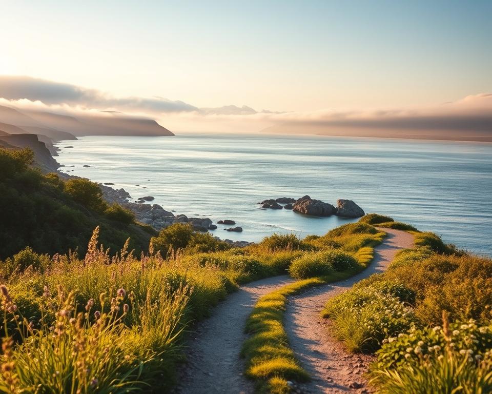 A scenic view of the Weißes Meer, showcasing a winding route that captures the beauty of the landscape. In the foreground, lush greenery and wildflowers frame the path, inviting viewers to explore. The middle ground features the tranquil waters of the white sea, reflecting the soft pastel hues of a sunrise, while rocky shores provide texture and depth to the scene. In the background, gentle hills rise, partially shrouded in morning mist, adding a layer of mystery. The lighting is warm and golden, casting long shadows and enhancing the tranquil mood. Capture this view with a wide-angle lens to emphasize the expansive beauty of nature, creating a sense of wanderlust and adventure.