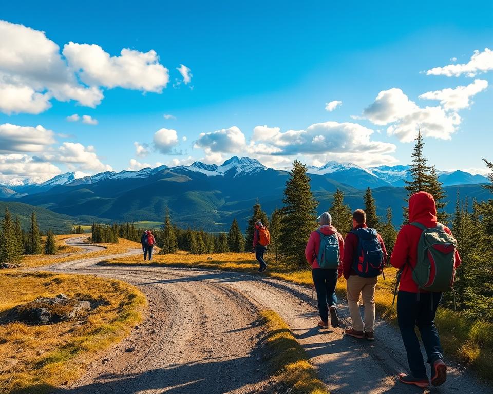 A scenic view of the journey to Kebnekaise Fjällstation in Sweden during a vibrant late afternoon. In the foreground, a winding dirt path leads travelers equipped with hiking gear, showcasing their anticipation. Moving to the middle ground, there are majestic mountains with snow-capped peaks under a bright blue sky, dotted with fluffy white clouds, providing a sense of adventure. In the background, lush green valleys and scattered pine trees framing the landscape, adding depth to the scene. The lighting is warm and inviting, casting soft shadows and highlighting the natural beauty. A sense of tranquility and connection with nature pervades the atmosphere, inviting viewers to immerse themselves in the journey.