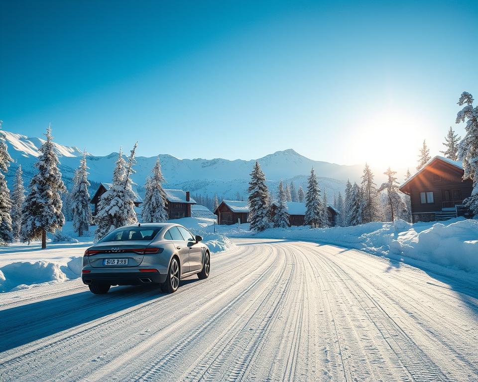 A scenic view of winter driving in Swedish Lapland, showcasing a snowy road winding through a picturesque landscape. In the foreground, a sleek, modern vehicle traverses the glistening white snow, leaving tire tracks behind. In the middle ground, snow-laden trees stand tall, while traditional wooden Scandinavian cabins peek through the landscape, their roofs capped with fresh snow. The background features majestic, snow-covered mountains rising under a clear blue sky, with soft sunlight casting a warm glow over the scene. The atmosphere is tranquil and serene, evoking a sense of adventure and wonder in this winter paradise. The image is captured from a low angle to emphasize the depth of the landscape, creating an inviting and immersive perspective.
