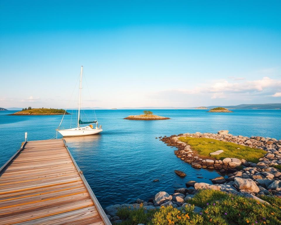 A serene Swedish archipelago coastline, featuring calm blue waters dotted with small, rocky islands and lush greenery. In the foreground, a weathered wooden pier extends into the water, with a small sailboat gently moored alongside, its white sails catching the soft, golden light of a late afternoon sun. In the middle ground, vibrant wildflowers bloom along the rocky shoreline, adding splashes of color to the landscape. The background reveals a horizon of gently rolling hills and distant islands under a clear, bright blue sky. Soft, fluffy clouds float lazily, creating an inviting atmosphere. The scene conveys a sense of tranquility and adventure, perfect for exploring the beauty of Sweden’s summer. Captured with a wide-angle lens to emphasize the vastness of the landscape, with a focus on natural lighting to enhance the warmth of the day.