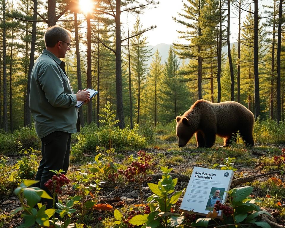 A serene Swedish forest, bathed in warm, soft sunlight filtering through lush green trees. In the foreground, a professional wildlife biologist in modest, casual clothing observes a brown bear from a safe distance, taking notes. The bear, a symbol of conservation, grazes peacefully on wild berries, illustrating the balance of nature and wildlife management. In the middle ground, a variety of plants and shrubs provide a natural habitat, while a small pamphlet on bear protection strategies lies on the forest floor, partially obscured by fallen leaves. In the background, distant mountain peaks hint at the majestic Swedish landscape. The atmosphere is calm and reflective, evoking a sense of harmony between humans and nature. A serene Swedish forest, bathed in warm, soft sunlight filtering through lush green trees. In the foreground, a professional wildlife biologist in modest, casual clothing observes a brown bear from a safe distance, taking notes. The bear, a symbol of conservation, grazes peacefully on wild berries, illustrating the balance of nature and wildlife management. In the middle ground, a variety of plants and shrubs provide a natural habitat, while a small pamphlet on bear protection strategies lies on the forest floor, partially obscured by fallen leaves. In the background, distant mountain peaks hint at the majestic Swedish landscape. The atmosphere is calm and reflective, evoking a sense of harmony between humans and nature.