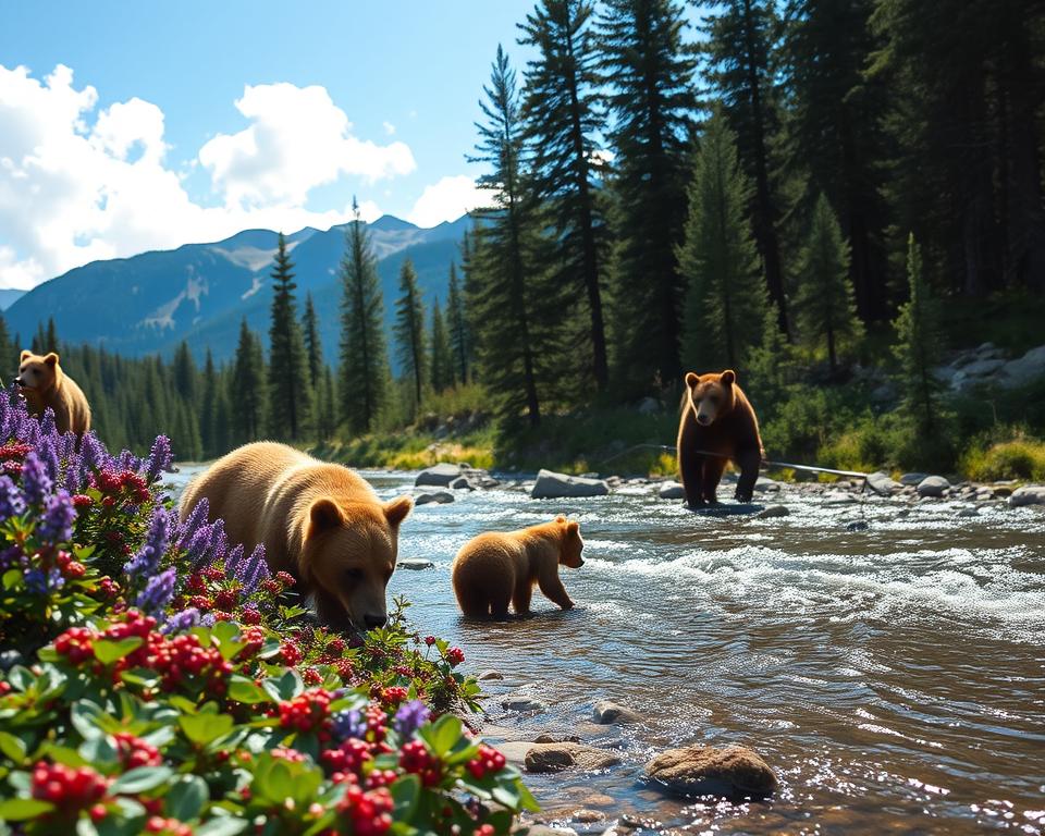 A serene Swedish forest landscape showcases a few brown bears foraging for food, emphasizing their natural dietary habits. In the foreground, a mother bear is gently teaching her cubs to search for berries among vibrant purple and blue bushes. The middle ground captures a bear skillfully fishing in a clear, flowing stream, with shimmering sunlight reflecting off the water. In the background, tall pine trees and rugged mountains create a majestic backdrop under a bright, blue sky dotted with fluffy white clouds. The scene conveys a tranquil and natural atmosphere, highlighting the harmonious relationship between the bears and their environment, with soft natural lighting enhancing the colors of the scene. The angle captures the essence of their diet in a captivating manner. A serene Swedish forest landscape showcases a few brown bears foraging for food, emphasizing their natural dietary habits. In the foreground, a mother bear is gently teaching her cubs to search for berries among vibrant purple and blue bushes. The middle ground captures a bear skillfully fishing in a clear, flowing stream, with shimmering sunlight reflecting off the water. In the background, tall pine trees and rugged mountains create a majestic backdrop under a bright, blue sky dotted with fluffy white clouds. The scene conveys a tranquil and natural atmosphere, highlighting the harmonious relationship between the bears and their environment, with soft natural lighting enhancing the colors of the scene. The angle captures the essence of their diet in a captivating manner.