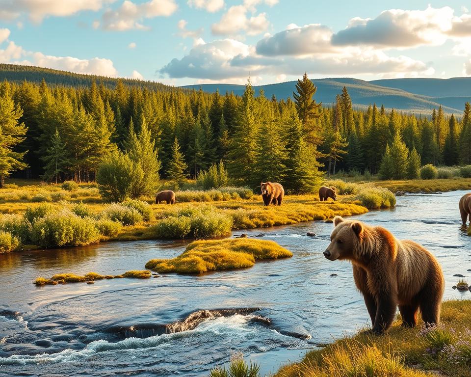 A serene Swedish forest landscape showcasing the varied habitats of bears. In the foreground, a majestic brown bear stands near a clear, sparkling stream, its fur glistening in the soft golden light of a late afternoon sun. In the middle ground, dense clusters of lush green trees create a natural backdrop, where other bears can be seen foraging quietly among wildflowers. The background features low rolling hills fading into the distance, under a gentle blue sky dotted with fluffy white clouds. The atmosphere is peaceful and tranquil, evoking the magnificence of nature. The image is captured from a slightly elevated angle, emphasizing the bear's environment, with a warm, inviting color palette creating a sense of harmony in the wilderness. A serene Swedish forest landscape showcasing the varied habitats of bears. In the foreground, a majestic brown bear stands near a clear, sparkling stream, its fur glistening in the soft golden light of a late afternoon sun. In the middle ground, dense clusters of lush green trees create a natural backdrop, where other bears can be seen foraging quietly among wildflowers. The background features low rolling hills fading into the distance, under a gentle blue sky dotted with fluffy white clouds. The atmosphere is peaceful and tranquil, evoking the magnificence of nature. The image is captured from a slightly elevated angle, emphasizing the bear's environment, with a warm, inviting color palette creating a sense of harmony in the wilderness.