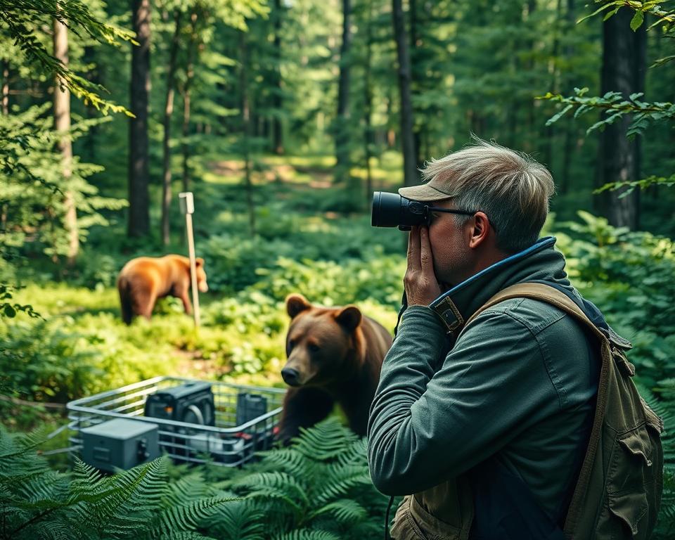 A serene Swedish forest scene showcasing bear research and monitoring. In the foreground, a biologist in casual outdoor clothing observes a tranquil brown bear through binoculars, capturing the essence of field research. The middle ground features a tranquil bear trap and monitoring equipment camouflaged among ferns, emphasizing wildlife study. Lush green foliage surrounds the scene, creating a rich, natural backdrop. Soft, diffused sunlight filters through the canopy, casting gentle shadows and highlighting the vibrant colors of the forest. The atmosphere is calm and focused, conveying the dedication to wildlife conservation and research. The composition should be captured from a slightly elevated angle, providing a sweeping view of the environment while keeping the biologist and the bear in clear focus. A serene Swedish forest scene showcasing bear research and monitoring. In the foreground, a biologist in casual outdoor clothing observes a tranquil brown bear through binoculars, capturing the essence of field research. The middle ground features a tranquil bear trap and monitoring equipment camouflaged among ferns, emphasizing wildlife study. Lush green foliage surrounds the scene, creating a rich, natural backdrop. Soft, diffused sunlight filters through the canopy, casting gentle shadows and highlighting the vibrant colors of the forest. The atmosphere is calm and focused, conveying the dedication to wildlife conservation and research. The composition should be captured from a slightly elevated angle, providing a sweeping view of the environment while keeping the biologist and the bear in clear focus.