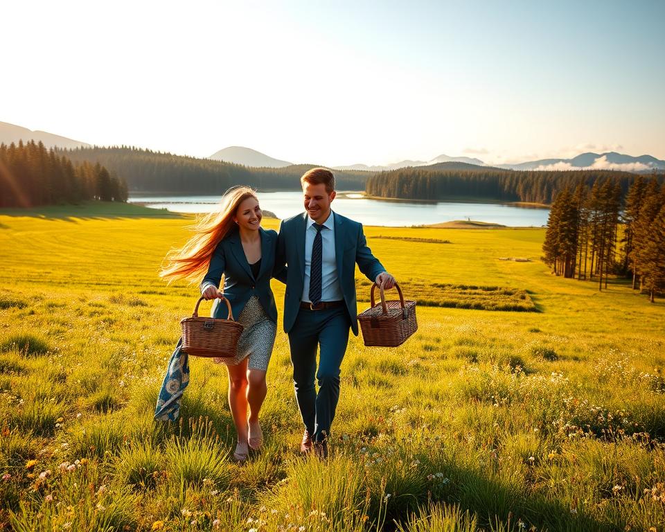 A serene Swedish landscape depicting the cultural significance of "Jedermannsrecht." In the foreground, a well-dressed couple, in professional yet casual attire, joyfully strolling together with a picnic basket, symbolizing freedom and connection with nature. In the middle ground, lush green fields dotted with wildflowers and a calm lake reflecting the clear blue sky. A forest of tall, majestic trees frames the scene, representing Sweden's natural beauty. The background features distant hills shrouded in soft mist, evoking tranquility. The lighting is warm and inviting, with the golden glow of the late afternoon sun casting soft shadows, creating a peaceful and harmonious atmosphere that reflects the spirit of shared access to nature. The camera angle is slightly elevated to capture the expansive view, emphasizing the open landscape.