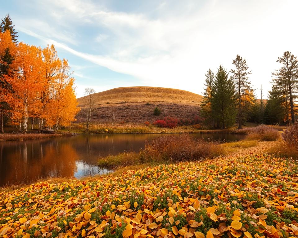 A serene Swedish landscape in September, showcasing vibrant autumn colors. In the foreground, a tranquil lake reflects shades of orange, red, and yellow from the surrounding birch and pine trees. A carpet of fallen leaves in hues of gold covers the ground. In the middle ground, a gentle hill rises, dotted with clusters of wildflowers transitioning to browns and subtle purples, creating a natural gradient of color. In the background, the sky is a soft pastel blue with wispy clouds, allowing warm, golden sunlight to filter through the trees, casting dappled shadows on the ground. The scene conveys a peaceful, inviting atmosphere, capturing the essence of autumn in Sweden. The perspective should be slightly elevated, offering a panoramic view of this picturesque landscape. A serene Swedish landscape in September, showcasing vibrant autumn colors. In the foreground, a tranquil lake reflects shades of orange, red, and yellow from the surrounding birch and pine trees. A carpet of fallen leaves in hues of gold covers the ground. In the middle ground, a gentle hill rises, dotted with clusters of wildflowers transitioning to browns and subtle purples, creating a natural gradient of color. In the background, the sky is a soft pastel blue with wispy clouds, allowing warm, golden sunlight to filter through the trees, casting dappled shadows on the ground. The scene conveys a peaceful, inviting atmosphere, capturing the essence of autumn in Sweden. The perspective should be slightly elevated, offering a panoramic view of this picturesque landscape.