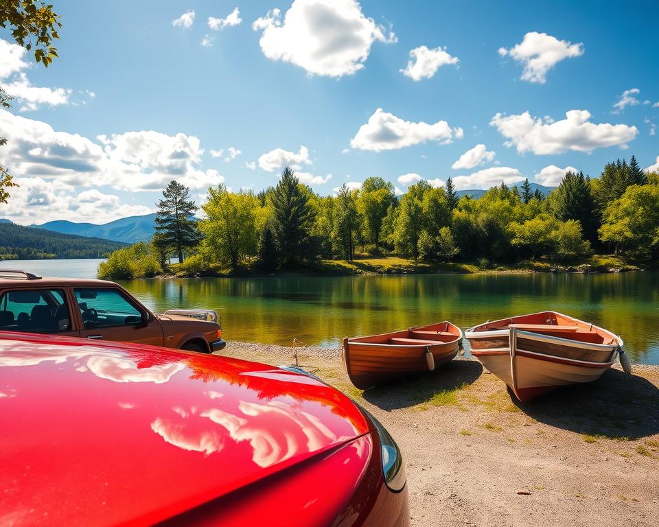 A serene Swedish landscape showcasing motorized vehicles, featuring a mix of cars and boats parked near a calm lake. In the foreground, there’s a shiny red car with a sleek design, parked beside a traditional wooden boat. In the middle ground, lush green trees line the shore, reflecting in the crystal-clear water. The background reveals distant, majestic hills under a bright blue sky dotted with fluffy white clouds. Warm sunlight filters through the trees, casting gentle shadows on the ground, creating a peaceful atmosphere. Capture the scene using a wide-angle lens for depth, with vivid colors and soft natural lighting, conveying the spirit of exploration and freedom associated with Sweden's right of public access.