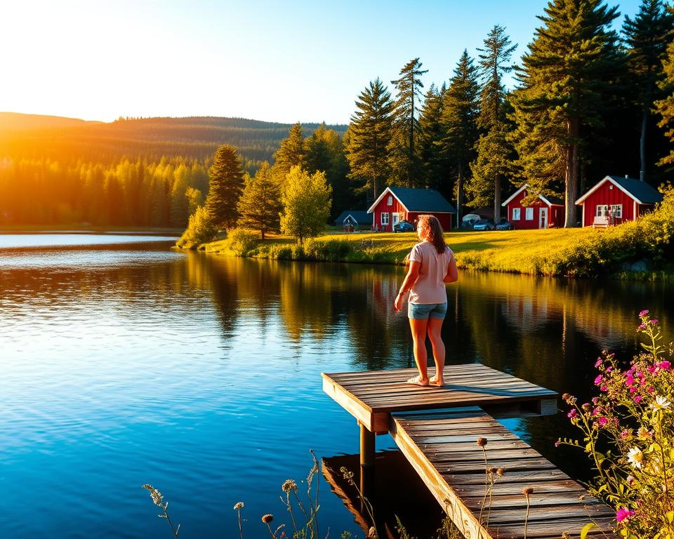 A serene Swedish summer landscape capturing the essence of the best travel time. In the foreground, a tranquil lake reflects the vibrant blue sky, surrounded by lush green forests and blooming wildflowers. A small wooden pier juts into the lake, where a couple in modest casual clothing enjoys the scenery, their backs turned to the camera. In the middle ground, traditional Swedish cottages with red wooden exteriors sit harmoniously among the trees, bathed in the warm golden light of the setting sun. The background features a glimpse of distant rolling hills under a clear sky, enhanced by the soft, warm light of the late afternoon, creating a peaceful and inviting atmosphere that emphasizes the beauty of summer in Sweden.