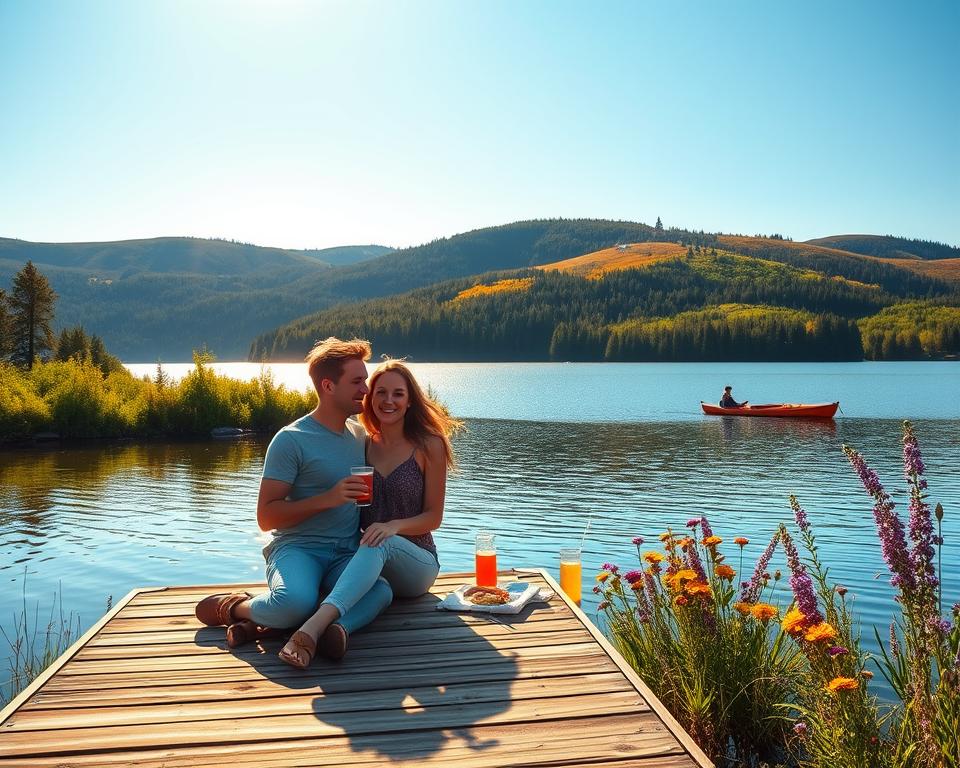 A serene Swedish summer landscape, featuring a picturesque lakeside scene at dawn. In the foreground, a couple in modest casual attire sits on a wooden dock, enjoying a picnic with local snacks and drinks, their smiles reflecting relaxation and happiness. The middle ground showcases a calm, shimmering lake surrounded by lush green forests, with a kayak gently floating by. In the background, soft, rolling hills adorned with vibrant wildflowers extend towards the horizon under a clear blue sky. The warm, golden light of the rising sun casts gentle shadows and creates a tranquil atmosphere. The image conveys a sense of peace, adventure, and the beauty of nature that can be experienced while traveling in Sweden during summer.