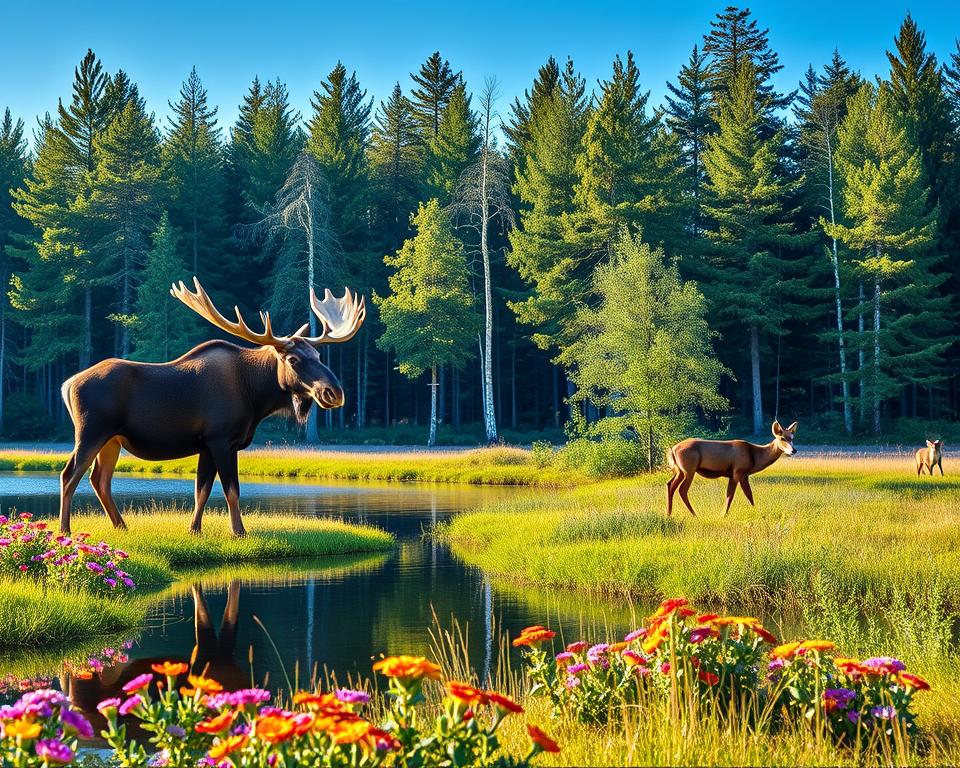 A serene Swedish wilderness scene showcasing the diverse animal life in Sweden. In the foreground, a majestic moose stands elegantly beside a calm lake, reflecting the soft morning light. Clusters of colorful wildflowers frame the scene, adding a touch of vibrancy. In the middle ground, a family of deer grazes peacefully near a cluster of birch trees, while a curious fox peeks from behind the foliage. The background features a dense forest of evergreen trees under a clear blue sky, with gentle sunlight filtering through the leaves, creating dappled shadows on the forest floor. The atmosphere is tranquil and inviting, evoking a sense of connection with nature and the beauty of wildlife encounters in Sweden. A serene Swedish wilderness scene showcasing the diverse animal life in Sweden. In the foreground, a majestic moose stands elegantly beside a calm lake, reflecting the soft morning light. Clusters of colorful wildflowers frame the scene, adding a touch of vibrancy. In the middle ground, a family of deer grazes peacefully near a cluster of birch trees, while a curious fox peeks from behind the foliage. The background features a dense forest of evergreen trees under a clear blue sky, with gentle sunlight filtering through the leaves, creating dappled shadows on the forest floor. The atmosphere is tranquil and inviting, evoking a sense of connection with nature and the beauty of wildlife encounters in Sweden.