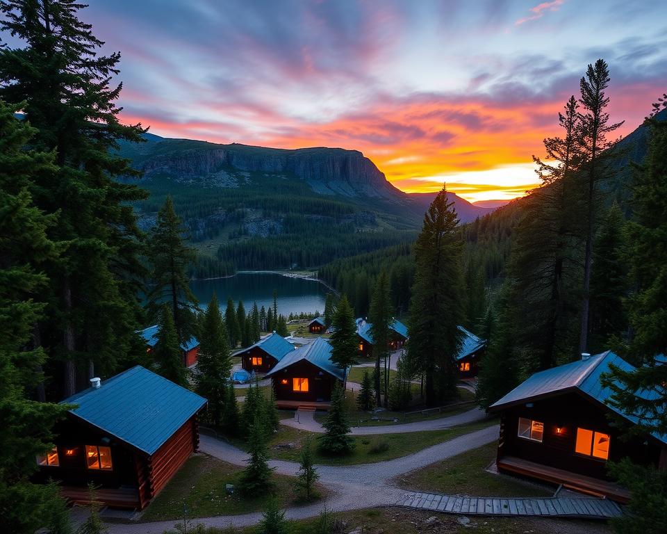 A serene and inviting landscape of Skuleskogen Nationalpark in Sweden during twilight, showcasing cozy wooden cabins nestled among tall, lush trees in the foreground. Each cabin features warm, glowing lights emanating from the windows, hinting at a welcoming atmosphere. In the middle ground, well-maintained tent sites are dotted around a clear, reflective lake, surrounded by rocky terrain and vibrant green foliage. The background reveals rugged cliffs and a stunning sunset sky painted in hues of orange and purple, casting soft, golden light across the scene. The mood is tranquil and picturesque, ideal for a peaceful overnight stay in nature. Capture this scene with a wide-angle lens to emphasize the vastness and beauty of the surroundings.