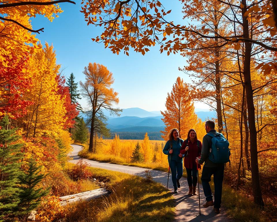 A serene autumn scene in Sweden, showcasing a winding forest path surrounded by vibrant fall foliage. In the foreground, a group of three hikers in modest outdoor attire, with backpacks and walking sticks, are engaged in cheerful conversation as they traverse the trail. The middle ground features a mix of colorful trees exhibiting rich yellow, orange, and red leaves, along with patches of green pine. In the background, a soft-focus view reveals distant mountains under a clear blue sky. The warm, golden sunlight filters through the branches, casting gentle shadows and creating a tranquil atmosphere. The image should convey a sense of adventure and peace, ideal for outdoor activities in September. Use a wide-angle lens for depth and clarity. A serene autumn scene in Sweden, showcasing a winding forest path surrounded by vibrant fall foliage. In the foreground, a group of three hikers in modest outdoor attire, with backpacks and walking sticks, are engaged in cheerful conversation as they traverse the trail. The middle ground features a mix of colorful trees exhibiting rich yellow, orange, and red leaves, along with patches of green pine. In the background, a soft-focus view reveals distant mountains under a clear blue sky. The warm, golden sunlight filters through the branches, casting gentle shadows and creating a tranquil atmosphere. The image should convey a sense of adventure and peace, ideal for outdoor activities in September. Use a wide-angle lens for depth and clarity.