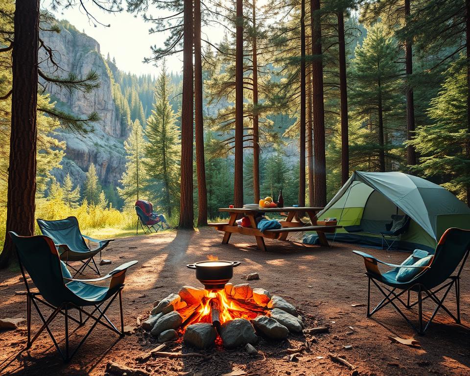 A serene camping scene in Skuleskogen Nationalpark, showcasing a cozy campsite nestled among tall pine trees with a backdrop of rugged cliffs and lush greenery. In the foreground, a campfire crackles with bright flames, surrounded by a circle of comfortable camping chairs, a portable stove with a pot simmering, and a picnic table laden with fresh ingredients for outdoor cooking. The middle ground features a well-pitched tent with a colorful tarp, a backpack leaning against a tree, and scattered camping gear. In the background, soft sunlight filters through the trees, casting dappled shadows on the forest floor, creating a warm and inviting atmosphere. Capture this scene from a slightly low angle to emphasize the height of the cliffs and the expansiveness of the forest. Overall, convey a sense of responsible outdoor living and connection with nature.