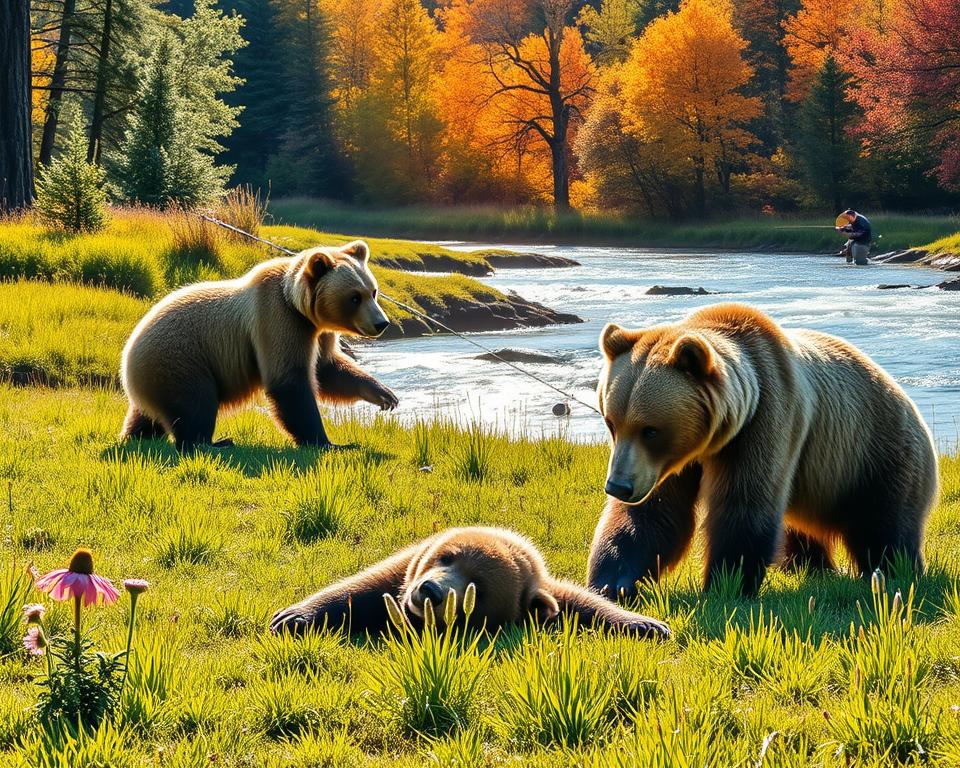 A serene depiction of the "Yearly Cycle of Bears" in Sweden, showcasing bears in various seasonal activities. In the foreground, a playful bear cub rolls in the lush, green grass of spring, surrounded by blooming wildflowers. The middle ground features a majestic adult bear fishing in a clear, flowing river during summer, with bright sunlight casting sparkling reflections on the water. In the background, a colorful autumn landscape unfolds, with trees in vibrant hues of orange and yellow, as a bear prepares for winter by foraging for berries. The scene captures a tranquil mood, illuminated by soft, warm sunlight. The image should evoke the beauty of wildlife and variation across seasons, emphasizing the bears' natural habitat. A serene depiction of the "Yearly Cycle of Bears" in Sweden, showcasing bears in various seasonal activities. In the foreground, a playful bear cub rolls in the lush, green grass of spring, surrounded by blooming wildflowers. The middle ground features a majestic adult bear fishing in a clear, flowing river during summer, with bright sunlight casting sparkling reflections on the water. In the background, a colorful autumn landscape unfolds, with trees in vibrant hues of orange and yellow, as a bear prepares for winter by foraging for berries. The scene captures a tranquil mood, illuminated by soft, warm sunlight. The image should evoke the beauty of wildlife and variation across seasons, emphasizing the bears' natural habitat.