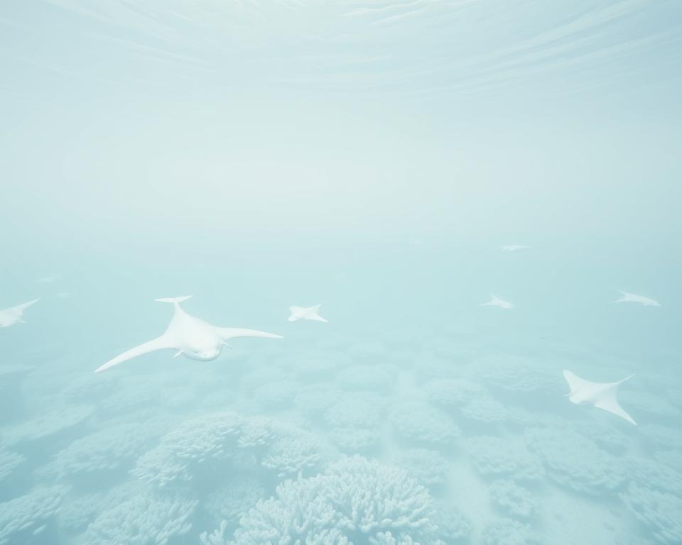 A serene, expansive white sea with a gentle, misty atmosphere, teeming with diverse marine life. In the foreground, graceful white sea creatures such as elegant manta rays and curious beluga whales glide smoothly through the water, their bodies reflecting the soft, diffused light. The middle ground features an intricate underwater landscape, with clusters of delicate white corals and swirling schools of small fish adding a sense of movement. In the background, the horizon merges with a pale blue sky, creating a tranquil and dreamlike setting. Use soft, natural lighting to enhance the ethereal quality of the scene, simulating an underwater view with a slight upward angle, inviting the viewer into this unforgettable marine world.