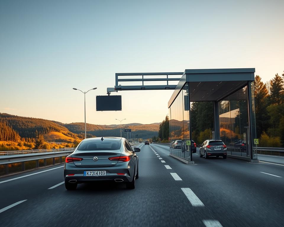 A serene highway scene in Sweden, showcasing an advanced toll booth with high-tech license plate recognition cameras. In the foreground, a sleek gray car passes through, its license plate captured by the camera's lens. The middle ground features the toll booth, constructed from transparent materials, allowing for a view of the efficient processing system inside. In the background, lush Swedish landscapes of rolling hills and dense forests flank the highway, bathed in warm, golden sunlight of a late afternoon. The atmosphere is calm and professional, emphasizing the balance between modern technology and nature. The angle captures the action of toll collection, highlighting the blend of engineering and privacy considerations, without any people present.