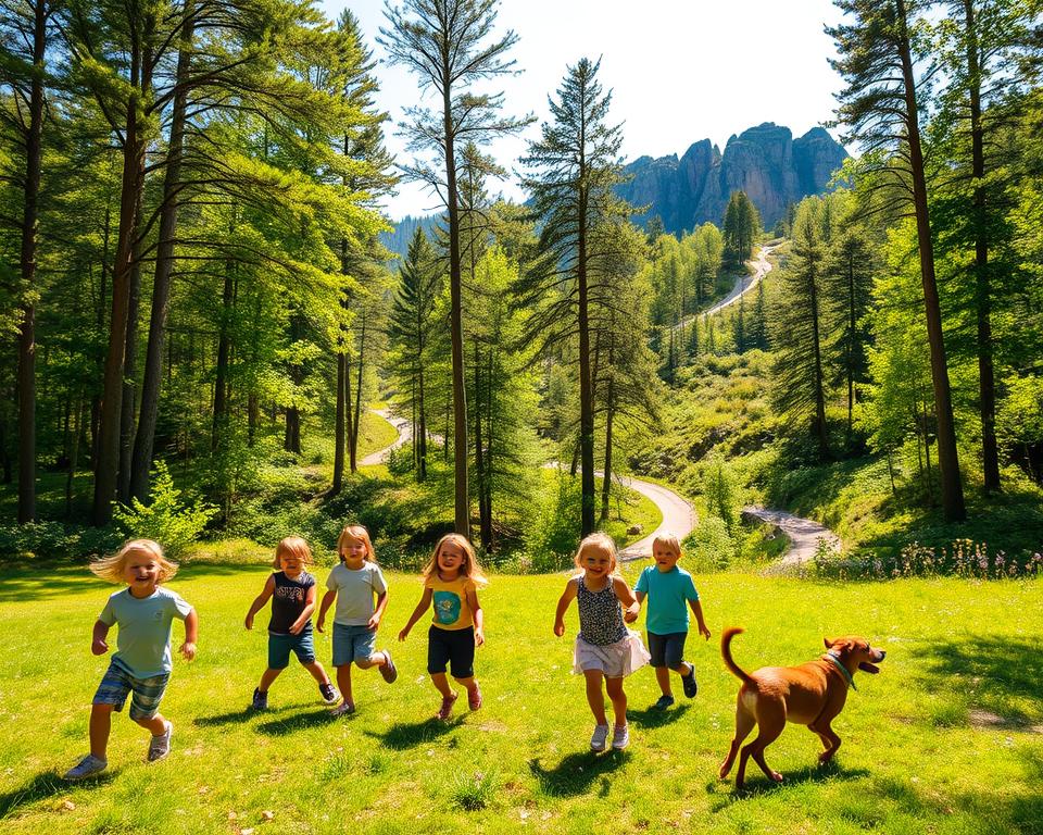 A serene landscape of Skuleskogen National Park, featuring a sunny day with gentle sunlight filtering through a lush canopy of tall trees in various shades of green. In the foreground, a group of cheerful children, dressed in casual, comfortable clothing, are playing together on a grassy area, their laughter and joy palpable. A friendly, playful dog runs nearby, adding to the lively atmosphere. In the middle ground, winding trails lead deeper into the forest, with hints of colorful wildflowers dotting the path. The distant background showcases majestic cliffs and rocky formations, bathed in warm sunlight. The scene is filled with a sense of adventure and tranquility, inviting families to explore this natural haven. Capture the scene from a slightly elevated angle to encompass both the joy of the children and the beauty of the park.