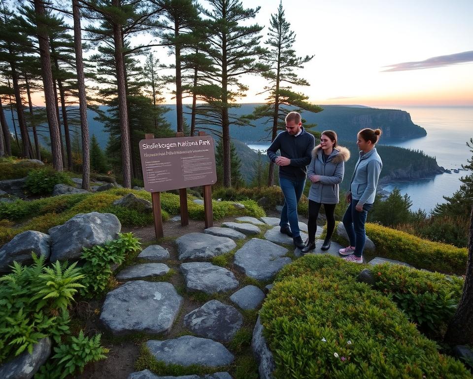 A serene landscape of Skuleskogen National Park, showcasing the natural beauty and rules for visitors. In the foreground, illustrate a rock pathway surrounded by lush green ferns and small wildflowers, symbolizing a designated trail. In the middle ground, add a group of four individuals dressed in modest hiking attire, respectfully adhering to park guidelines, studying a sign about conservation rules with expressions of curiosity and respect. In the background, depict towering pine trees and a sweeping view of the rugged coastline at dusk, with soft golden hour lighting casting a warm glow over the scene. Capture the tranquil atmosphere, emphasizing the harmony between nature and human interaction, with a gentle breeze rustling the leaves.