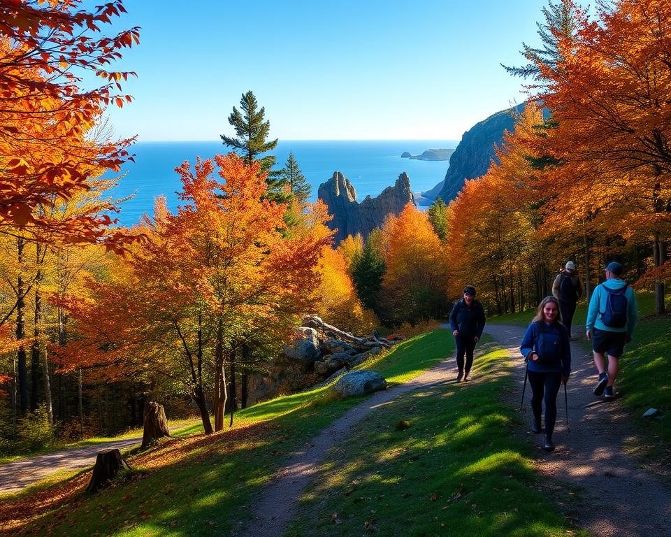 A serene landscape of Skuleskogen Nationalpark during autumn, showcasing vibrant colors of orange, red, and gold leaves. In the foreground, a winding path leads visitors through a tranquil forest, with soft sunlight filtering through the trees, casting dappled shadows on the ground. To the right, a small group of travelers in casual outdoor attire, equipped with backpacks, are happily hiking along the trail, embodying a sense of adventure. The middle ground features rugged cliffs and unique rock formations, typical of the park’s natural beauty. In the background, a picturesque view of the nearby coastline and sparkling blue waters under a clear blue sky completes the scene, evoking a feeling of peace and connection to nature.