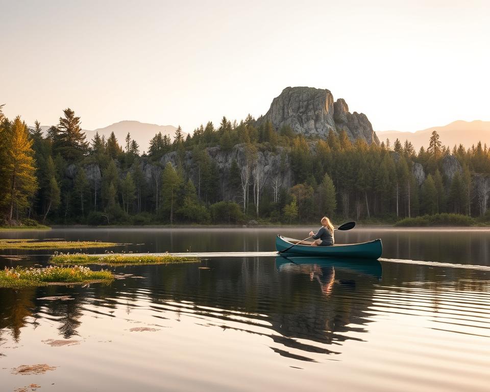 A serene landscape of a Swedish national park during early morning light. In the foreground, a tranquil lake reflects the surrounding lush coniferous forest, dotted with vibrant wildflowers. A few gentle ripples break the surface as a lone canoe glides by, with a person dressed in modest casual clothing paddling peacefully. In the middle ground, majestic rocky outcrops rise, covered in moss and small shrubs, leading to a diverse mix of trees, including birch and pine, providing depth and texture. The background features distant, misty mountains under a soft, pastel-colored sky just beginning to brighten. The atmosphere is calm and inviting, showcasing the untouched beauty of Sweden’s natural parks, perfect for wild camping adventures. The scene is captured with a wide-angle lens to highlight the expansive beauty, bathed in warm, golden light. A serene landscape of a Swedish national park during early morning light. In the foreground, a tranquil lake reflects the surrounding lush coniferous forest, dotted with vibrant wildflowers. A few gentle ripples break the surface as a lone canoe glides by, with a person dressed in modest casual clothing paddling peacefully. In the middle ground, majestic rocky outcrops rise, covered in moss and small shrubs, leading to a diverse mix of trees, including birch and pine, providing depth and texture. The background features distant, misty mountains under a soft, pastel-colored sky just beginning to brighten. The atmosphere is calm and inviting, showcasing the untouched beauty of Sweden’s natural parks, perfect for wild camping adventures. The scene is captured with a wide-angle lens to highlight the expansive beauty, bathed in warm, golden light.