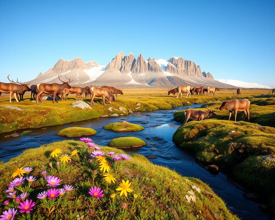 A serene landscape of the Kebnekaise region, showcasing the diverse flora and fauna. In the foreground, vibrant wildflowers like purple saxifrage and yellow anemone bloom among patches of green moss and lichen. A gentle stream flows, reflecting the clear blue sky. In the middle ground, a herd of reindeer grazes peacefully, their antlers catching the sunlight. Towering rocky peaks of Kebnekaise loom in the background, their caps dusted with snow. The scene is bathed in warm morning light, enhancing the colors and creating a tranquil atmosphere. Shot from a slightly elevated angle, the perspective invites viewers to immerse themselves in this beautiful natural setting, capturing the essence of life in this unique ecosystem.