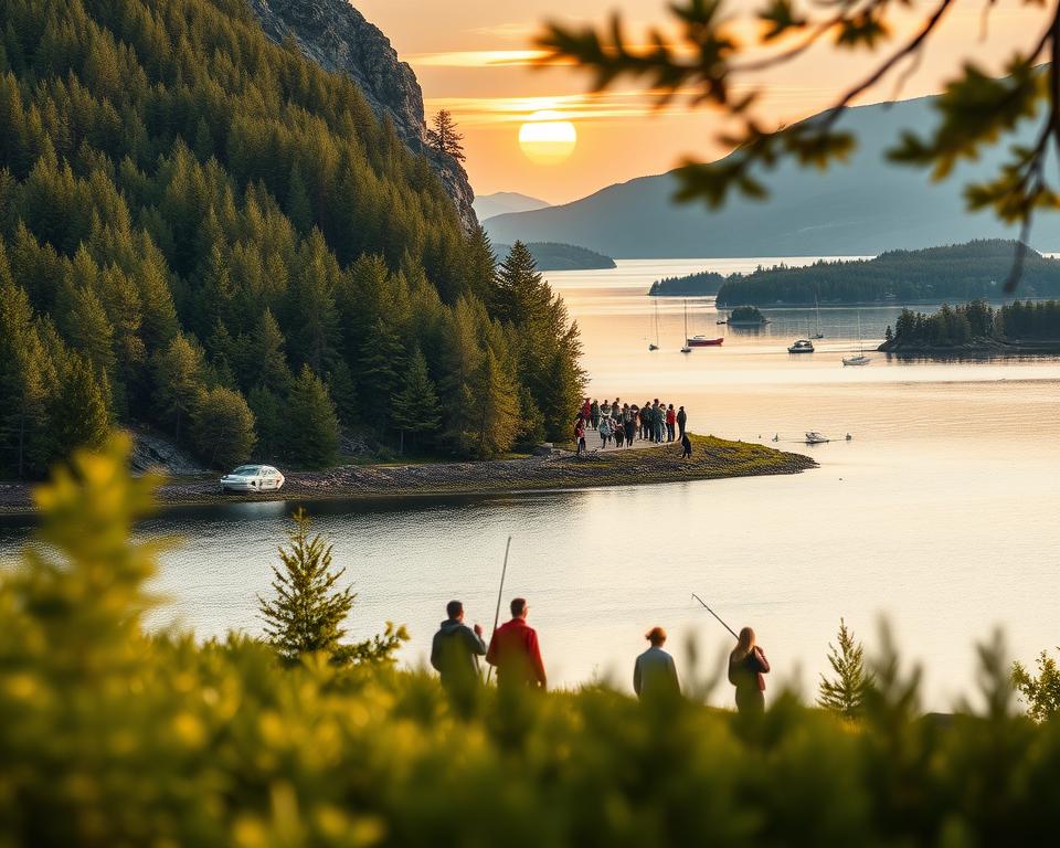 A serene landscape showcasing the natural beauty of Norway and Finland, focusing on a lush, green forest with a glistening lake in the foreground. On the left, a stylized representation of Norway with its iconic fjords and rocky shoreline, while on the right, a tranquil view of Finland’s picturesque archipelago featuring small islands and boats. In the middle ground, a diverse group of individuals dressed in modest outdoor attire are engaging in various recreational activities like hiking, kayaking, and fishing, embodying the spirit of outdoor freedom. Soft, natural lighting enhances the tranquil atmosphere, with a warm sunset casting a golden hue over the scene. The angle captures a panoramic view, emphasizing the harmony between nature and human activity while inviting a sense of exploration and connection to the outdoors.