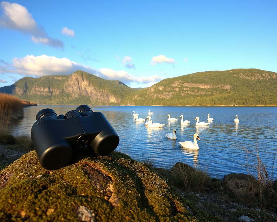 A serene nature scene depicting diverse wildlife observation in Höga Kusten, Sweden. In the foreground, a pair of binoculars rests on a mossy rock, inviting viewers to explore the surrounding landscape. The middle ground features a calm, glistening lake reflecting the sky, with a family of swans gracefully gliding across the water. In the background, towering cliffs covered in lush greenery rise against a clear blue sky, dotted with soft white clouds. The lighting is warm and golden, suggesting late afternoon, casting gentle shadows that enhance the tranquil atmosphere. The scene captures a sense of peaceful exploration and connection with nature, evoking the beauty of wildlife encounters in this stunning natural paradise.
