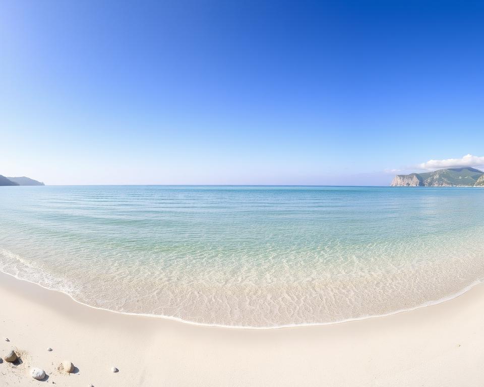 A serene, panoramic view of the Weißes Meer, showcasing its unique beauty. The foreground features gentle waves lapping at a soft, white sandy shore, dotted with smooth pebbles. In the middle ground, the calm, pristine waters reflect the clear blue sky, with a few fluffy clouds lazily drifting across. The background reveals distant, hazy coastal cliffs, partially shrouded in a light mist, adding an air of mystery. The image is illuminated by warm, golden sunlight, creating a peaceful and inviting atmosphere. Capture this scene with a wide-angle lens to emphasize the expanse of the sea and sky, evoking feelings of tranquility and wonder.