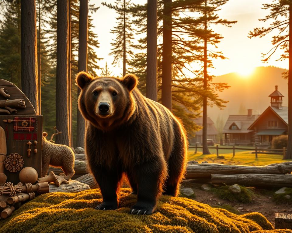 A serene scene depicting bears in Swedish culture and mythology. In the foreground, a majestic brown bear stands proudly, surrounded by traditional Swedish artifacts such as wooden carvings and decorative textiles. The middle ground features an ancient Swedish forest, with tall pine trees and a soft carpet of moss, creating a natural habitat. The background showcases a distant silhouette of a rustic Swedish village, with log cabins under a softly glowing sunset. The lighting is warm and inviting, with golden rays filtering through the trees, adding a mystical atmosphere. Convey a sense of reverence and harmony between the bears and the cultural elements of Sweden. Use a wide-angle lens to capture both close-up details and the vast landscape around them. The mood is peaceful, portraying the bears as significant and beloved figures within Swedish lore. A serene scene depicting bears in Swedish culture and mythology. In the foreground, a majestic brown bear stands proudly, surrounded by traditional Swedish artifacts such as wooden carvings and decorative textiles. The middle ground features an ancient Swedish forest, with tall pine trees and a soft carpet of moss, creating a natural habitat. The background showcases a distant silhouette of a rustic Swedish village, with log cabins under a softly glowing sunset. The lighting is warm and inviting, with golden rays filtering through the trees, adding a mystical atmosphere. Convey a sense of reverence and harmony between the bears and the cultural elements of Sweden. Use a wide-angle lens to capture both close-up details and the vast landscape around them. The mood is peaceful, portraying the bears as significant and beloved figures within Swedish lore.