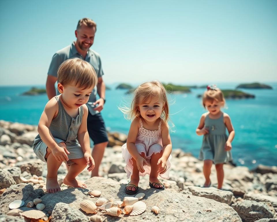 A serene scene depicting the beautiful archipelago of Sweden, featuring a family of four enjoying their time together. In the foreground, two children, a boy and a girl, are playing with seashells on a rocky shoreline, both wearing modest, casual summer clothing. The middle ground shows their parents, a man and a woman, smiling as they watch over the children, capturing the essence of a relaxed family vacation. The background reveals a breathtaking view of the vibrant blue sea and lush green islands under a clear sky, rendered in soft, natural light, evoking a warm and inviting atmosphere. The soft focus enhances the peaceful mood, suggesting a perfect family getaway in nature's paradise.