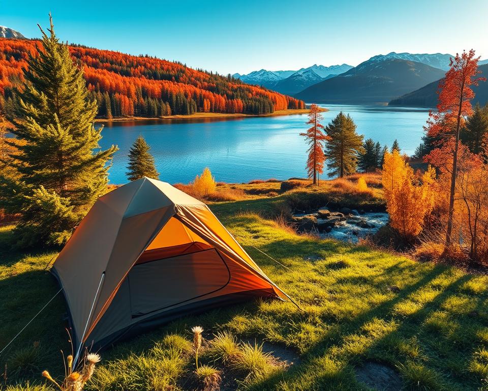 A serene scene depicting wild camping in Sweden through the four seasons. In the foreground, a cozy tent resting on lush green grass during summer, surrounded by vibrant wildflowers and pine trees. In the middle ground, a picturesque lake reflects a clear blue sky, framed by autumnal foliage of fiery reds and oranges. Include a gentle stream flowing nearby, highlighting the tranquility of nature. In the background, majestic snow-capped mountains symbolize winter. The scene is bathed in warm golden hour sunlight, casting soft shadows and creating a peaceful atmosphere. The angle is slightly elevated, offering a panoramic view of this idyllic wilderness, inviting viewers to experience the beauty of wild camping across Sweden's diverse seasonal landscapes. A serene scene depicting wild camping in Sweden through the four seasons. In the foreground, a cozy tent resting on lush green grass during summer, surrounded by vibrant wildflowers and pine trees. In the middle ground, a picturesque lake reflects a clear blue sky, framed by autumnal foliage of fiery reds and oranges. Include a gentle stream flowing nearby, highlighting the tranquility of nature. In the background, majestic snow-capped mountains symbolize winter. The scene is bathed in warm golden hour sunlight, casting soft shadows and creating a peaceful atmosphere. The angle is slightly elevated, offering a panoramic view of this idyllic wilderness, inviting viewers to experience the beauty of wild camping across Sweden's diverse seasonal landscapes.