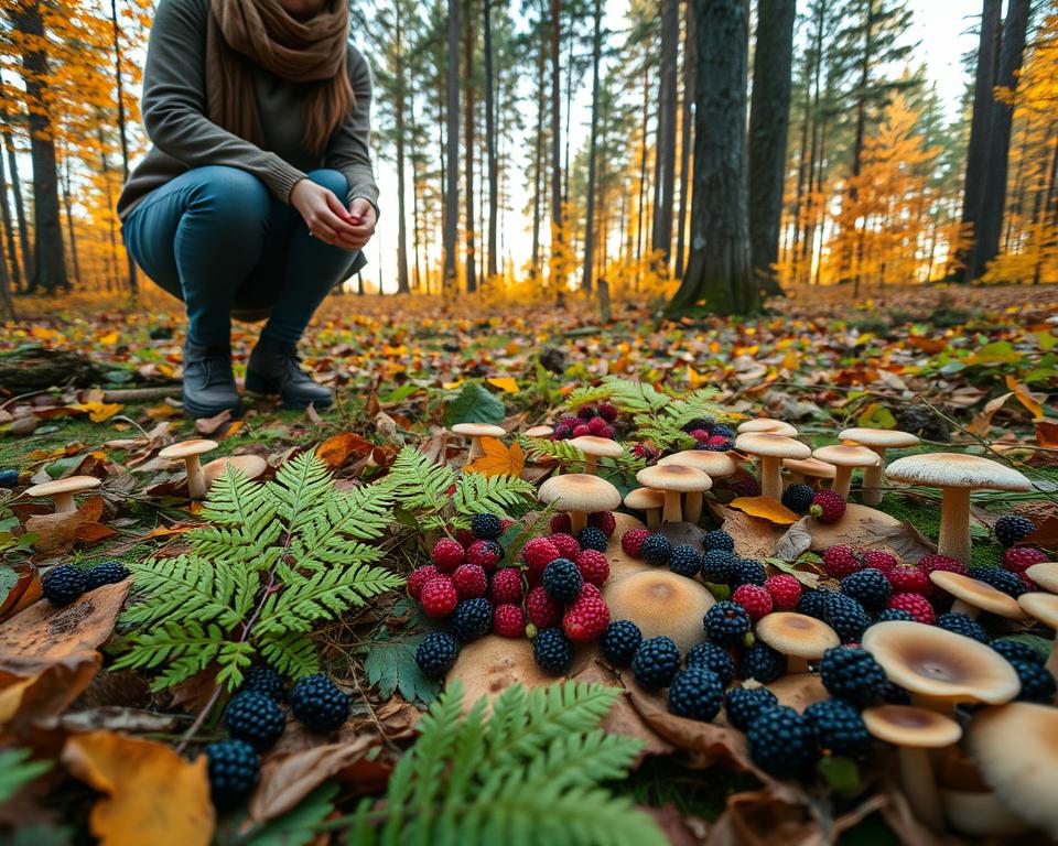 A serene scene in a Swedish forest during autumn, showcasing a diverse array of wild berries, mushrooms, and edible plants on the forest floor. In the foreground, a person dressed in casual clothing, gently crouching down, carefully selecting ripe red lingonberries and blackberries. The middle ground features lush green ferns and clusters of mushrooms with earthy tones, blending seamlessly into the vibrant foliage of yellow and orange leaves. The background reveals tall pine trees, their trunks dusted with golden sunlight filtering through the canopy above, creating a warm, inviting atmosphere. Capture this idyllic setting with soft, natural lighting, using a wide-angle lens to emphasize the richness of the environment. The overall mood should be tranquil and joyful, embodying the beauty of foraging in nature.