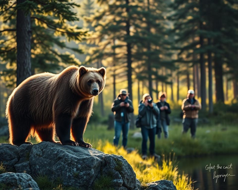 A serene scene of bear watching in Sweden, showcasing a lush forest setting. In the foreground, a majestic brown bear stands on a rocky outcrop, its fur glistening in the soft, golden light of the early morning sun. In the middle ground, a group of quietly observing nature enthusiasts, dressed in modest outdoor attire, capture the moment with binoculars and cameras, their faces expressing awe. The background features towering pine trees, dappled sunlight filtering through the leaves, and a peaceful lake reflecting the surrounding beauty. The atmosphere is tranquil and respectful, evoking a sense of wonder and connection with nature. The composition is framed with a slight depth of field effect, focusing on the bear while softly blurring the background, enhancing the feeling of intimacy and observation. A serene scene of bear watching in Sweden, showcasing a lush forest setting. In the foreground, a majestic brown bear stands on a rocky outcrop, its fur glistening in the soft, golden light of the early morning sun. In the middle ground, a group of quietly observing nature enthusiasts, dressed in modest outdoor attire, capture the moment with binoculars and cameras, their faces expressing awe. The background features towering pine trees, dappled sunlight filtering through the leaves, and a peaceful lake reflecting the surrounding beauty. The atmosphere is tranquil and respectful, evoking a sense of wonder and connection with nature. The composition is framed with a slight depth of field effect, focusing on the bear while softly blurring the background, enhancing the feeling of intimacy and observation.